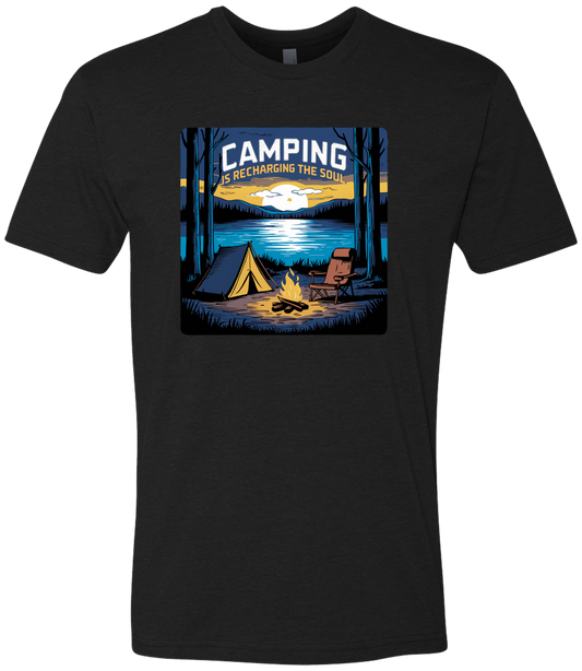 A black crewneck t-shirt with a graphic print of a camping scene, including a tent, trees, and a campfire.