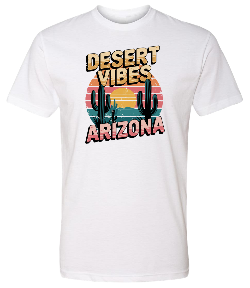 A white-colored crewneck t-shirt with the text 'DESERT VIBES ARIZONA' printed on the front.