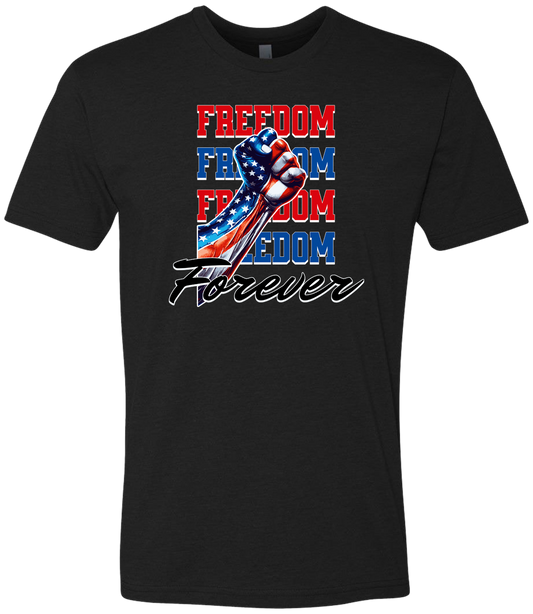 A black crewneck t-shirt with the text 'FREEDOM' and 'FOREVER' on it, along with an American flag ribbon design.