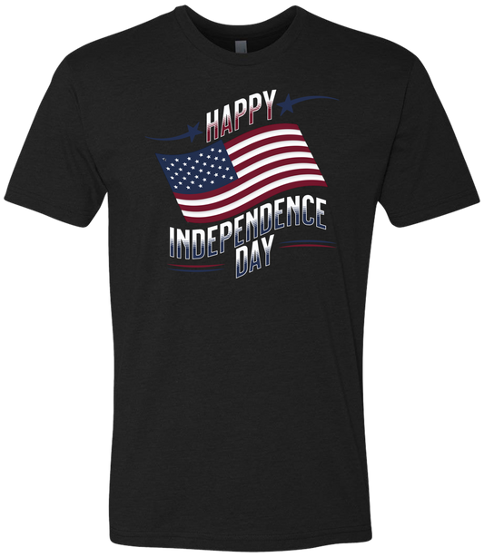 A black crewneck t-shirt with 'Happy Independence Day' text and an American flag graphic.