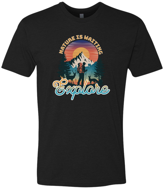 A black crewneck t-shirt with a graphic print of a mountain and the words 'Nature Is Waiting Explore' on it.