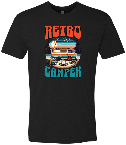 White crewneck t-shirt with 'Retro Camper' graphic print featuring an illustration of a vintage camper van.