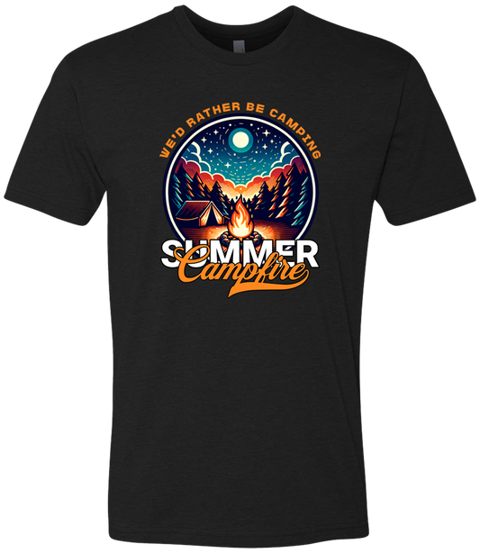 A Black crewneck t-shirt with a graphic print of a campfire and text that reads 'Summer Campfire'.