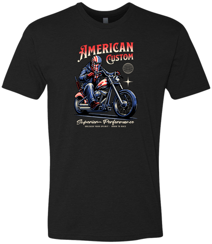 Black t-shirt with a graphic of a person on a motorcycle and 'American Custom' text.