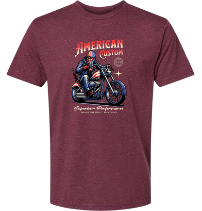Maroon t-shirt with a graphic of a person on a motorcycle and 'American Custom' text.