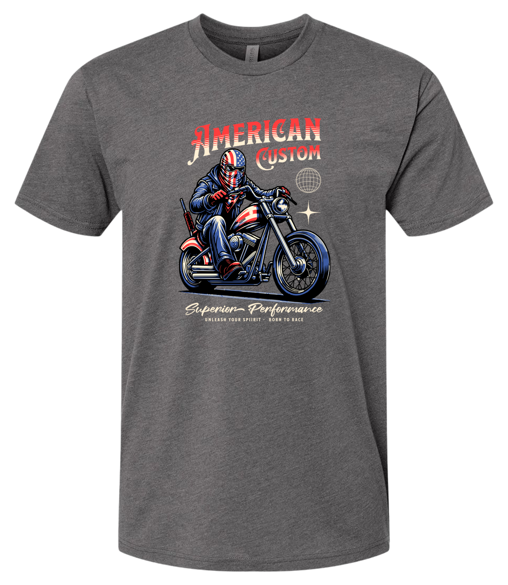 Gray t-shirt with a graphic of a person on a motorcycle and 'American Custom' text.