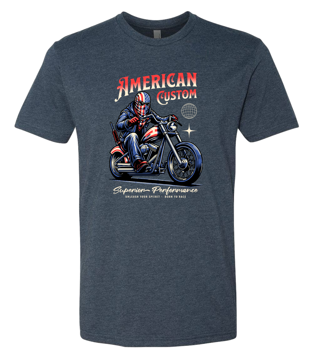 Navy blue t-shirt with a graphic of a person on a motorcycle and 'American Custom' text.