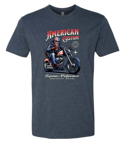 Navy blue t-shirt with a graphic of a person on a motorcycle and 'American Custom' text.