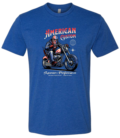 Blue t-shirt with a graphic of a motorcyclist and 'American Custom' text on a white background