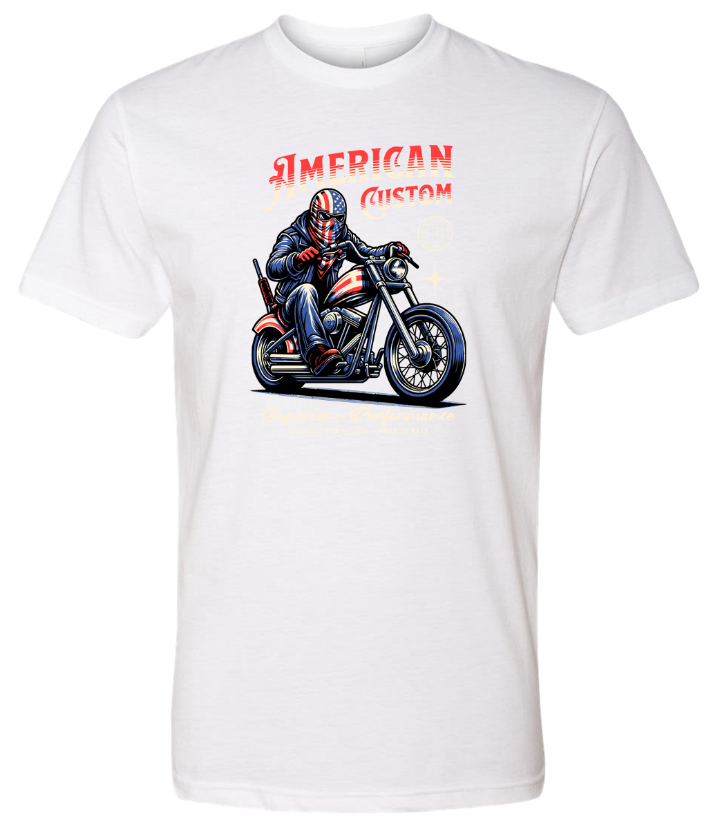 White t-shirt with a graphic of a person on a motorcycle and 'American Custom' text.