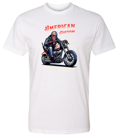 White t-shirt with a graphic of a person on a motorcycle and 'American Custom' text.