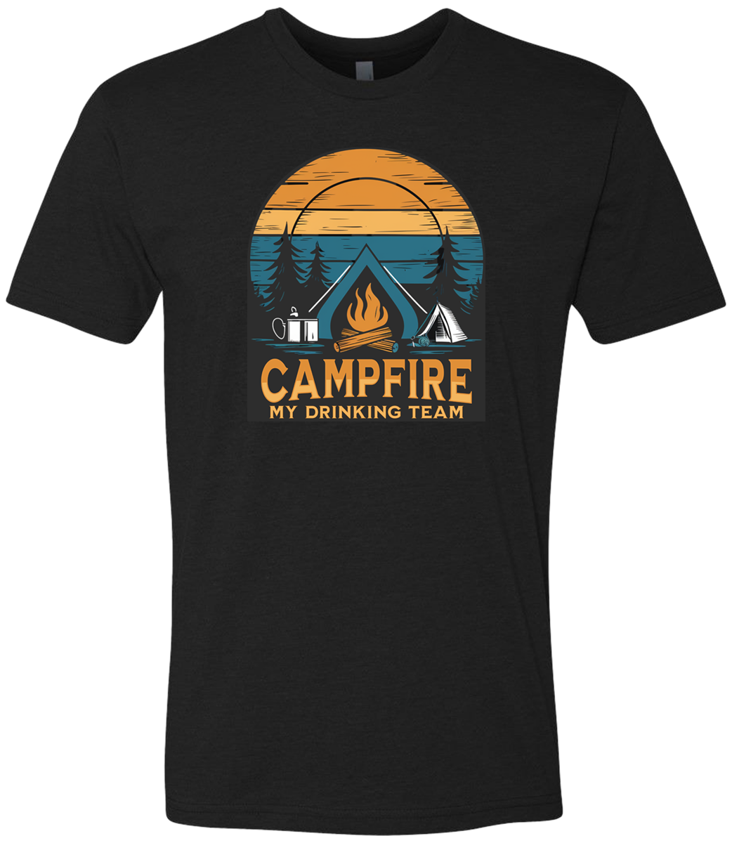 Shirt with a Campfire graphic front and center with bright colors and sunset behind the campfire