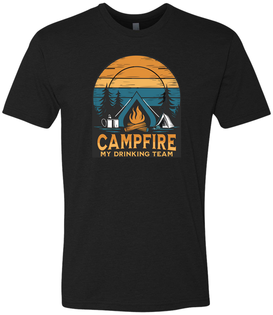 Shirt with a Campfire graphic front and center with bright colors and sunset behind the campfire