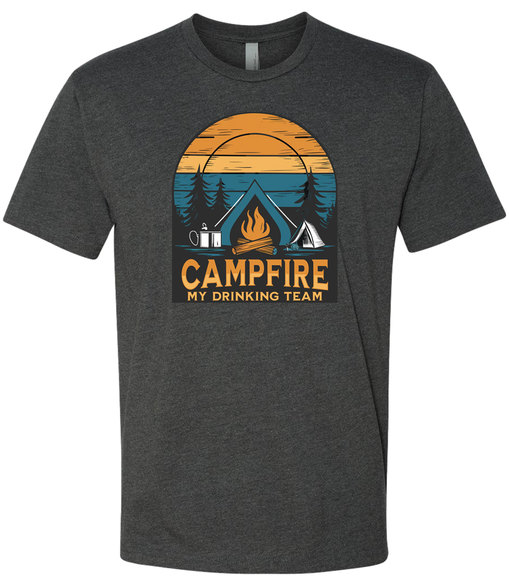 Shirt with a Campfire graphic front and center with bright colors and sunset behind the campfire