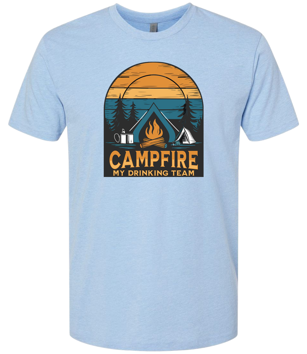 Shirt with a Campfire graphic front and center with bright colors and sunset behind the campfire