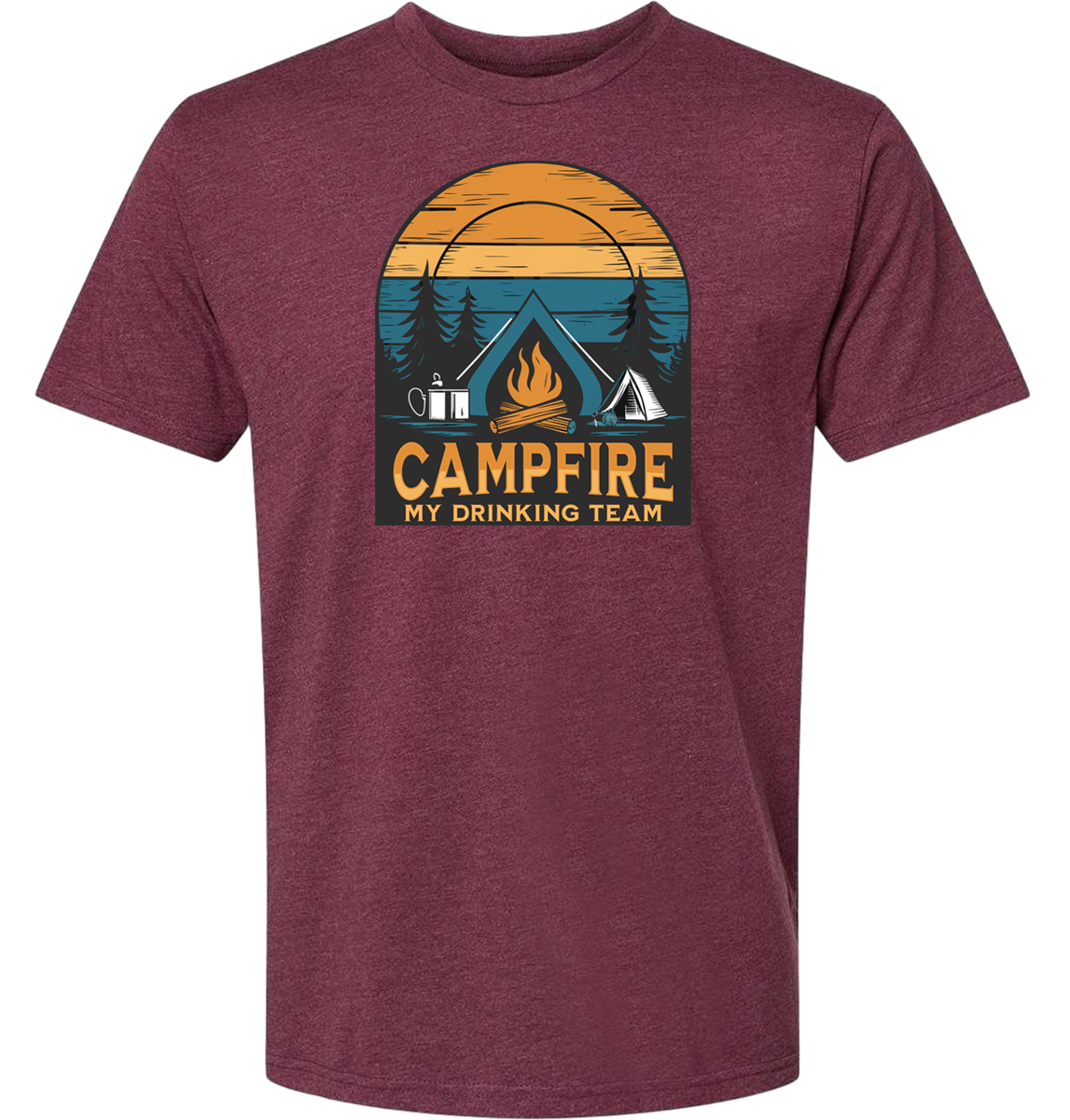 Shirt with a Campfire graphic front and center with bright colors and sunset behind the campfire