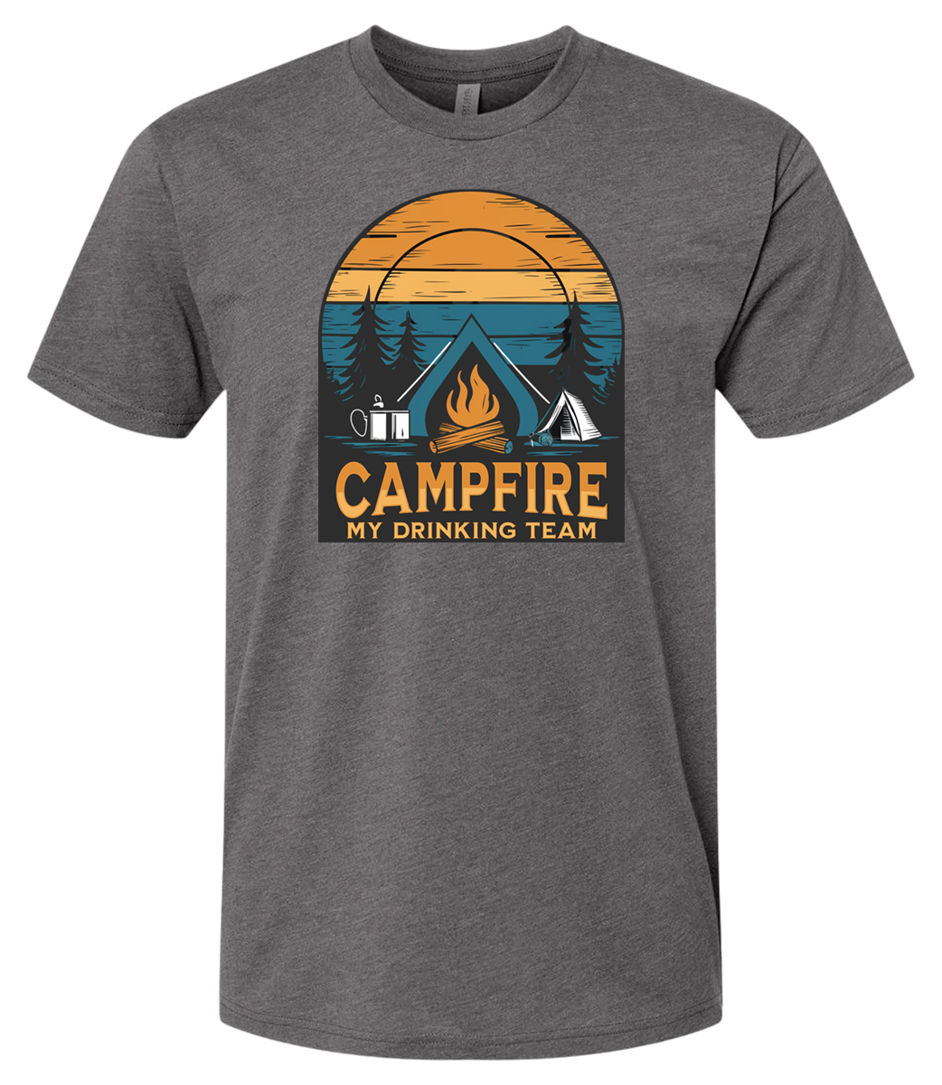 Shirt with a Campfire graphic front and center with bright colors and sunset behind the campfire