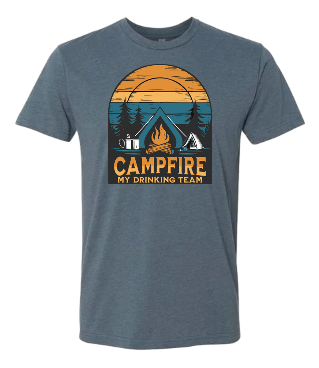 Shirt with a Campfire graphic front and center with bright colors and sunset behind the campfire
