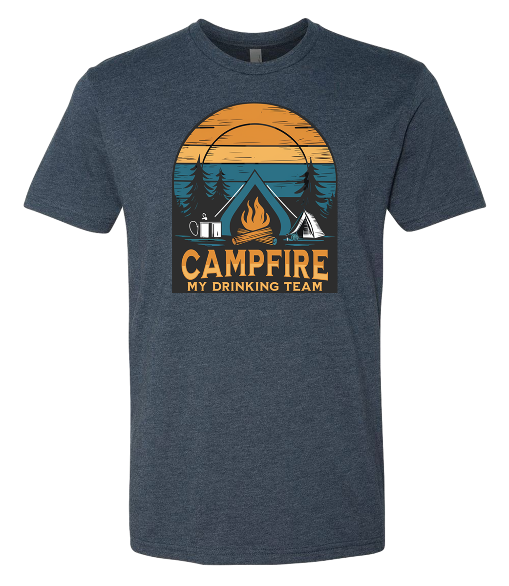 Shirt with a Campfire graphic front and center with bright colors and sunset behind the campfire