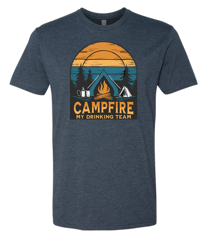 Shirt with a Campfire graphic front and center with bright colors and sunset behind the campfire