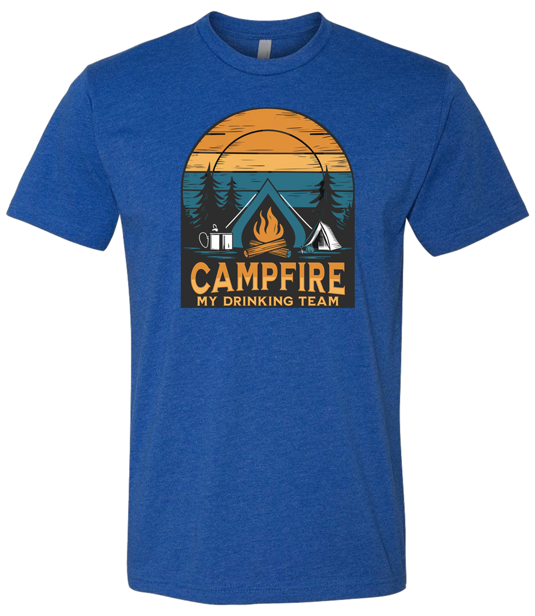 Shirt with a Campfire graphic front and center with bright colors and sunset behind the campfire
