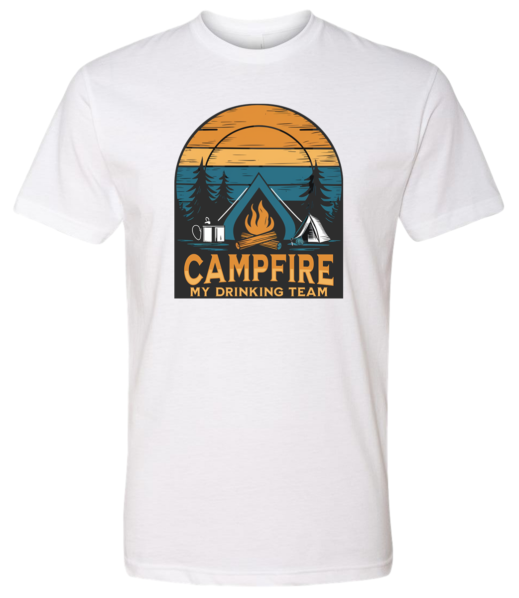 Shirt with a Campfire graphic front and center with bright colors and sunset behind the campfire