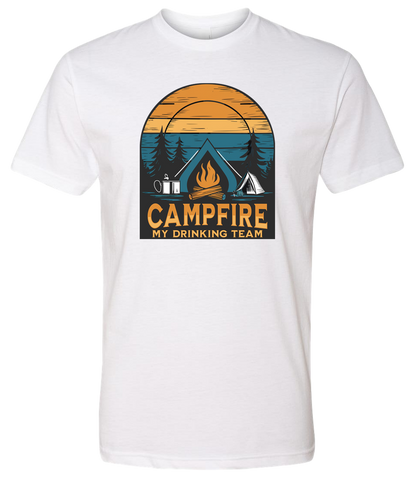 Shirt with a Campfire graphic front and center with bright colors and sunset behind the campfire