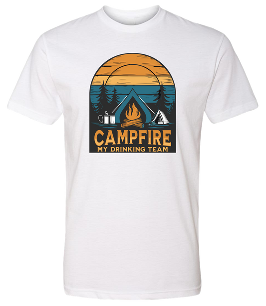 Shirt with a Campfire graphic front and center with bright colors and sunset behind the campfire