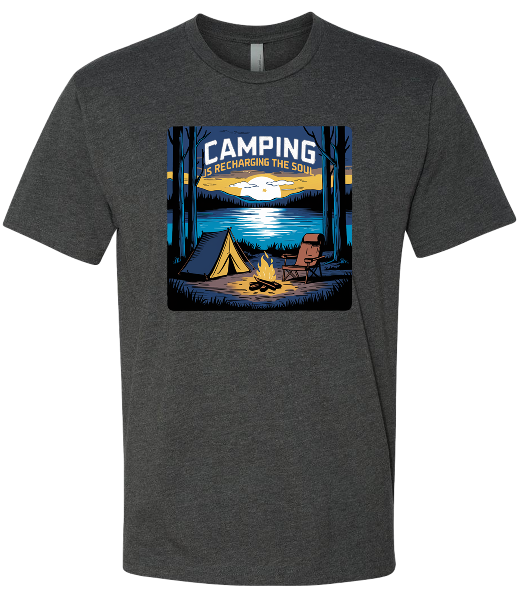 A Charcoal crewneck t-shirt with a graphic print of a camping scene, including a tent, trees, and a campfire.