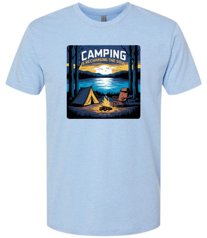 A light blue crewneck t-shirt with a graphic print of a camping scene, including a tent, trees, and a campfire.