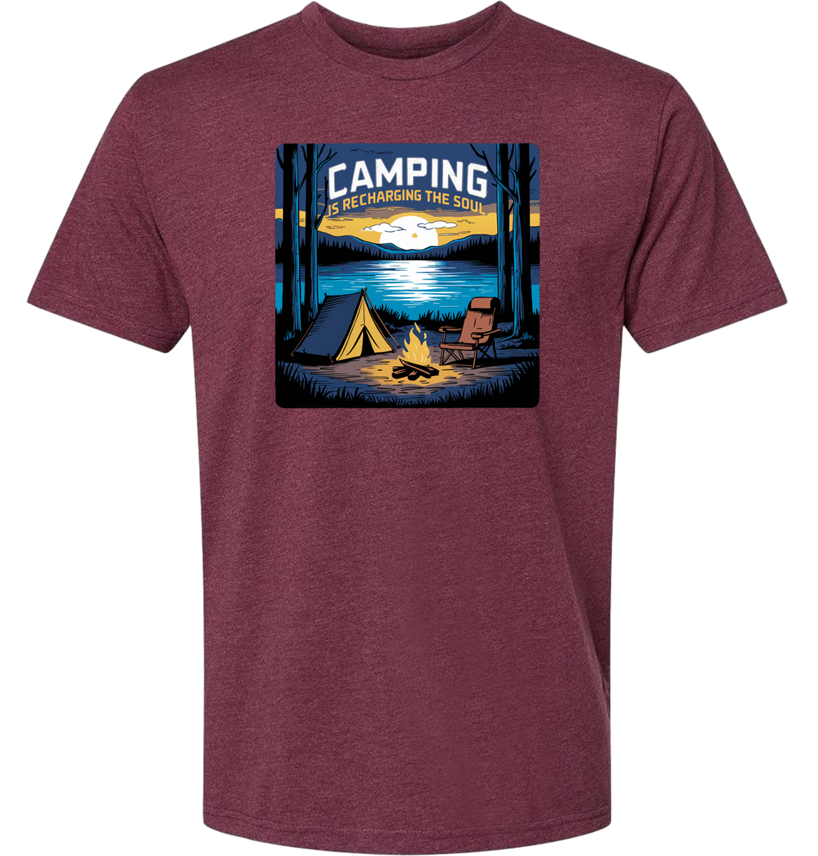 A Heather maroon crewneck t-shirt with a graphic print of a camping scene, including a tent, trees, and a campfire.
