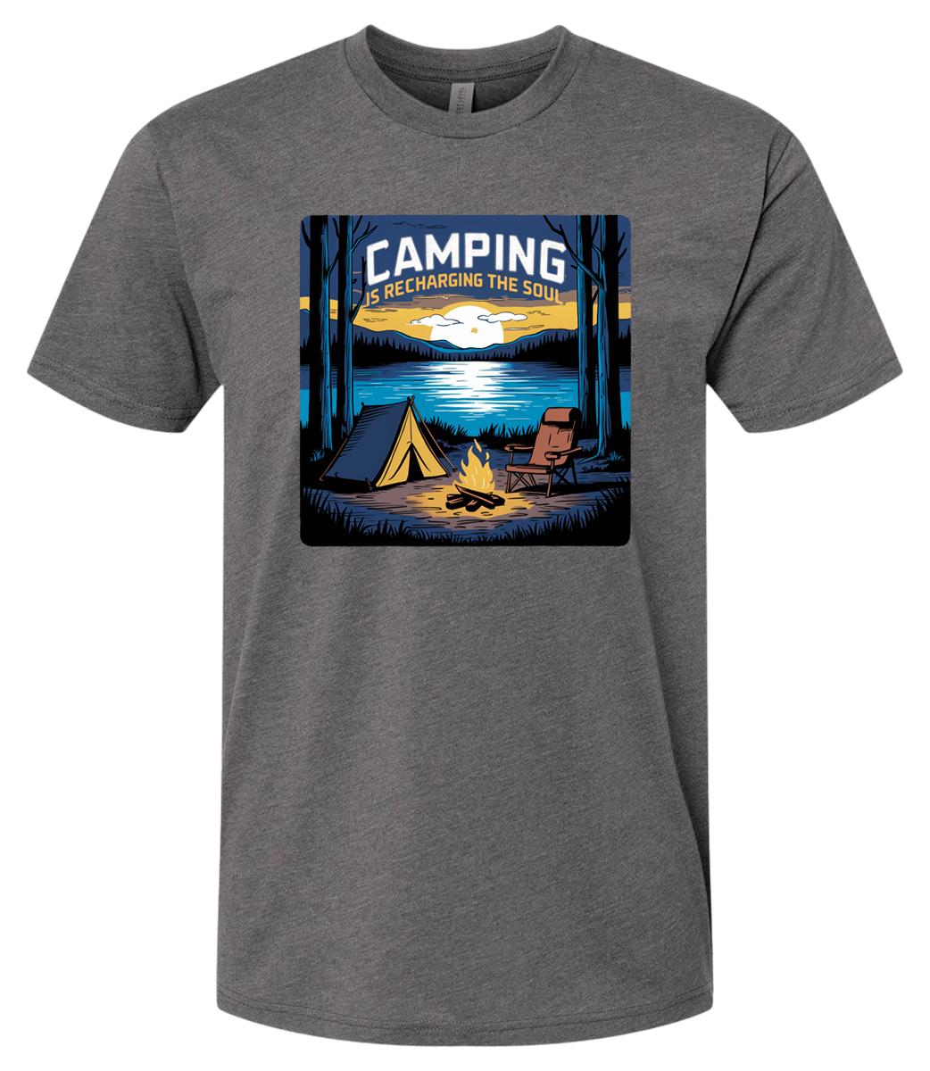 A Heavymetal crewneck t-shirt with a graphic print of a camping scene, including a tent, trees, and a campfire.