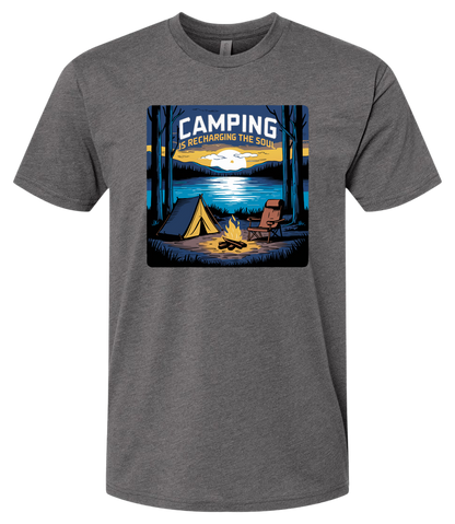 A Heavymetal crewneck t-shirt with a graphic print of a camping scene, including a tent, trees, and a campfire.