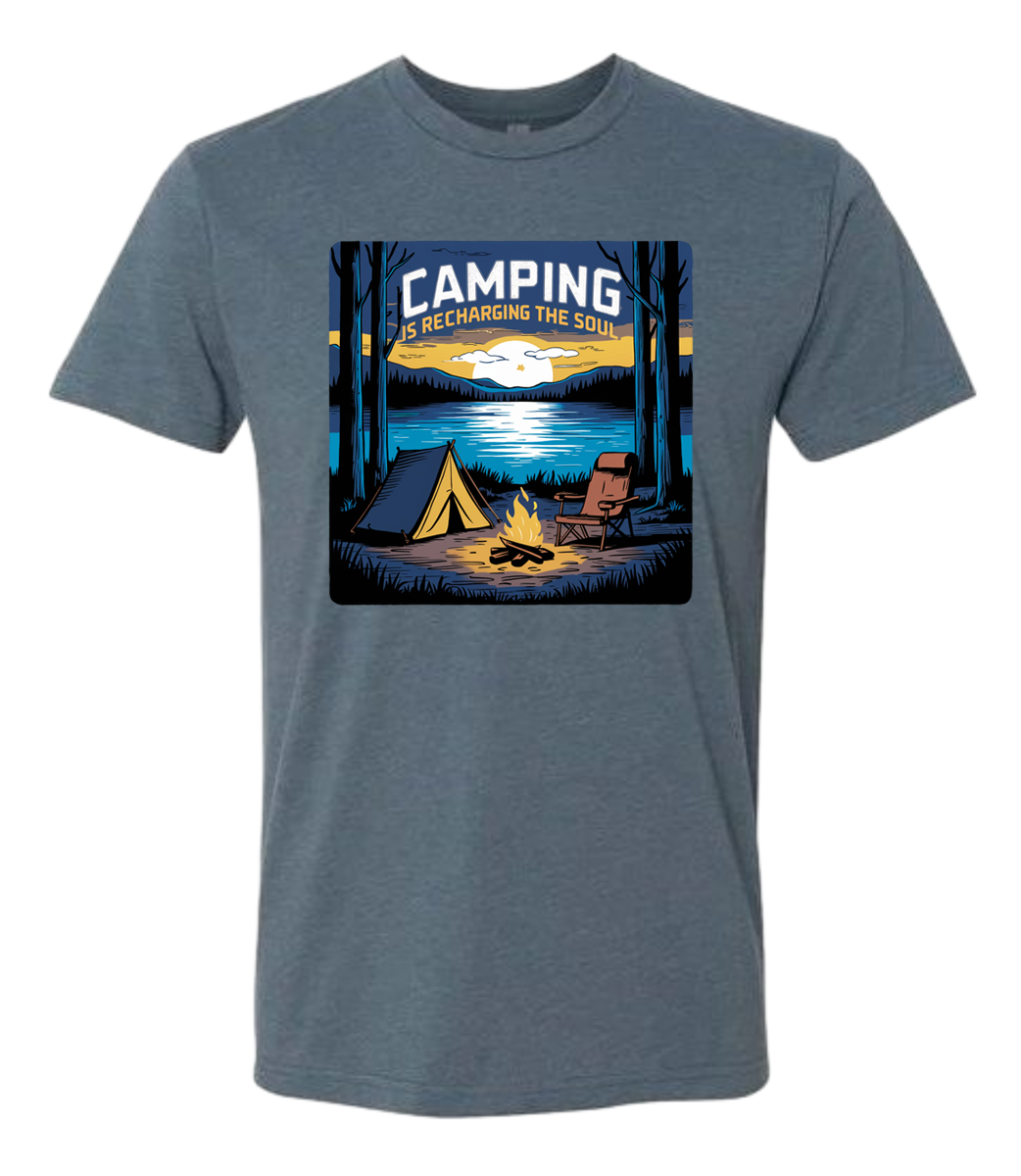 A Indigo crewneck t-shirt with a graphic print of a camping scene, including a tent, trees, and a campfire.