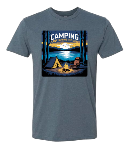 A Indigo crewneck t-shirt with a graphic print of a camping scene, including a tent, trees, and a campfire.