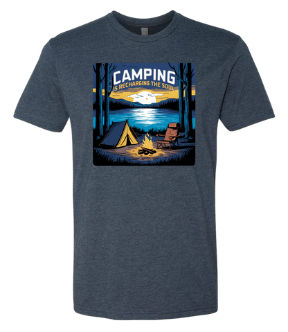 A Midnight Navy crewneck t-shirt with a graphic print of a camping scene, including a tent, trees, and a campfire.