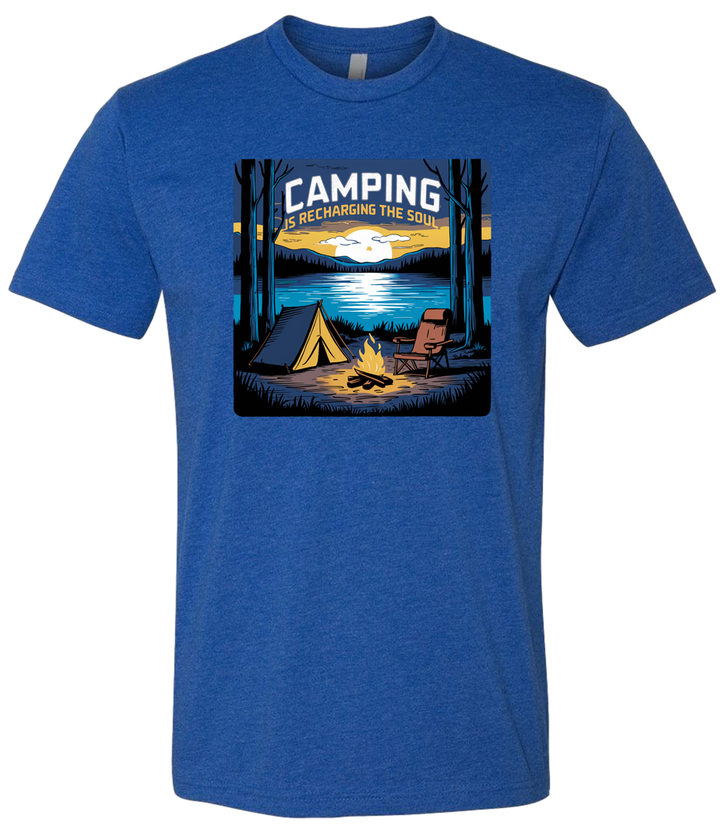 A Royal crewneck t-shirt with a graphic print of a camping scene, including a tent, trees, and a campfire.
