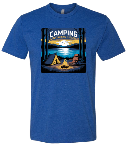 A Royal crewneck t-shirt with a graphic print of a camping scene, including a tent, trees, and a campfire.