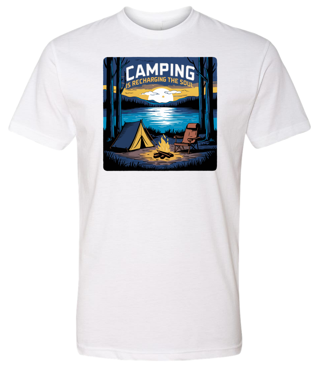A White crewneck t-shirt with a graphic print of a camping scene, including a tent, trees, and a campfire.