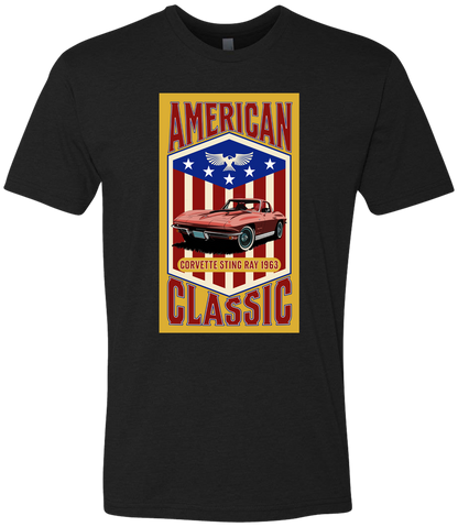 A black t-shirt with a yellow background featuring a graphic of a red corvette car and the text 'American Classic' along with a patriotic-themed emblem.
