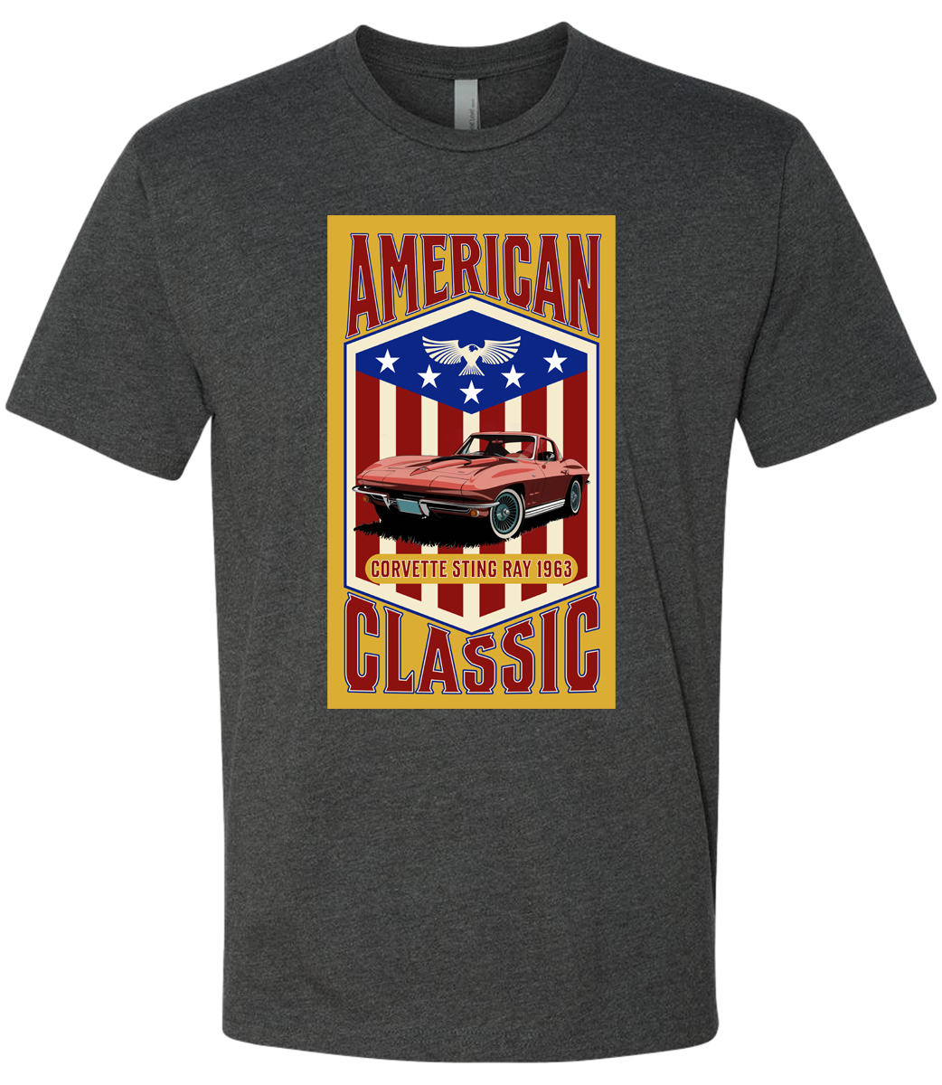 A charcoal t-shirt with a yellow background featuring a graphic of a red corvette car and the text 'American Classic' along with a patriotic-themed emblem.