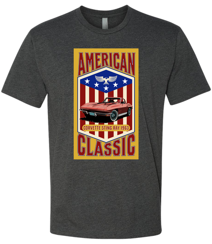 A charcoal t-shirt with a yellow background featuring a graphic of a red corvette car and the text 'American Classic' along with a patriotic-themed emblem.