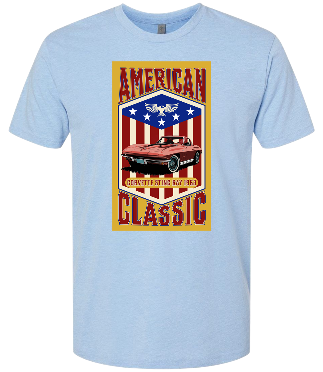 A columbia blue t-shirt with a yellow background featuring a graphic of a red corvette car and the text 'American Classic' along with a patriotic-themed emblem.