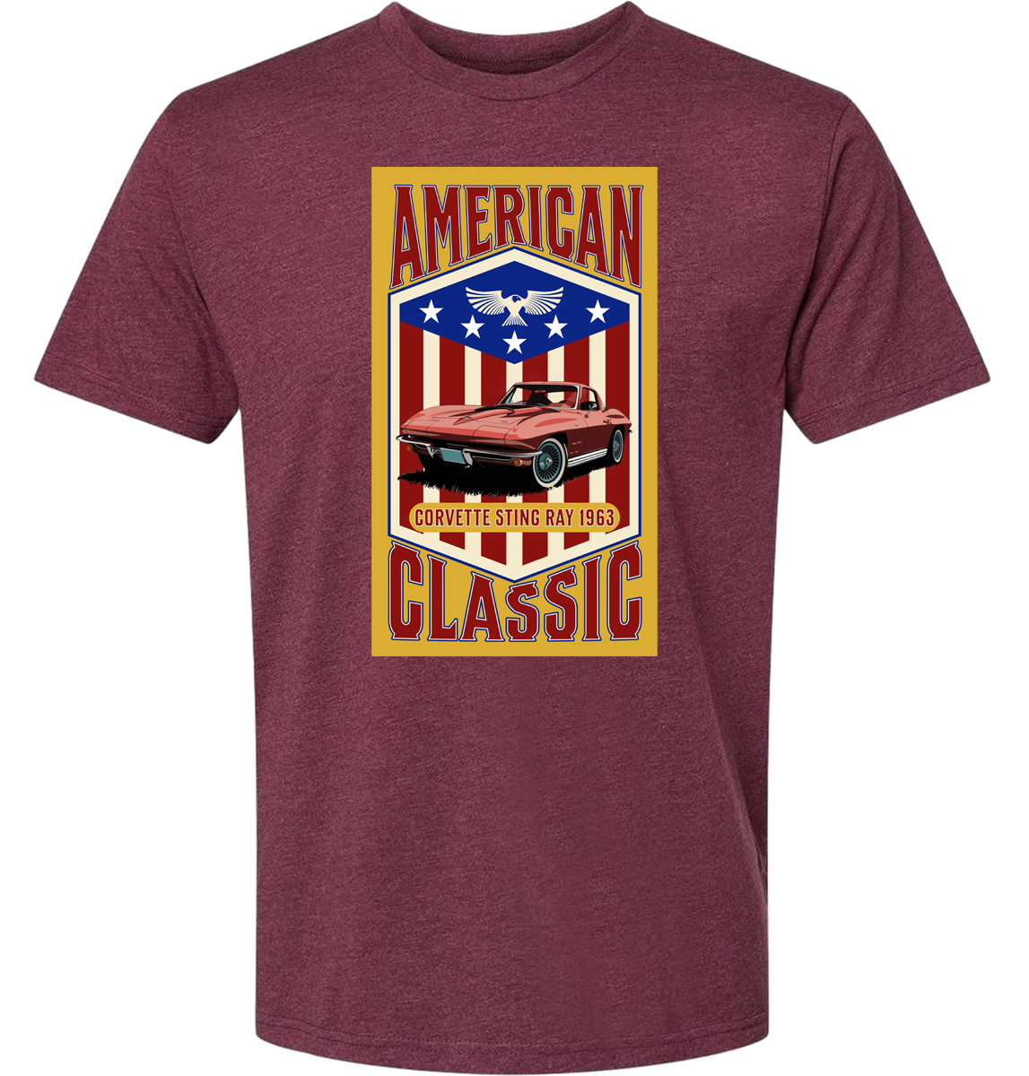 A heather maroon t-shirt with a yellow background featuring a graphic of a red corvette car and the text 'American Classic' along with a patriotic-themed emblem.
