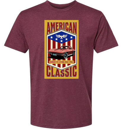 A heather maroon t-shirt with a yellow background featuring a graphic of a red corvette car and the text 'American Classic' along with a patriotic-themed emblem.