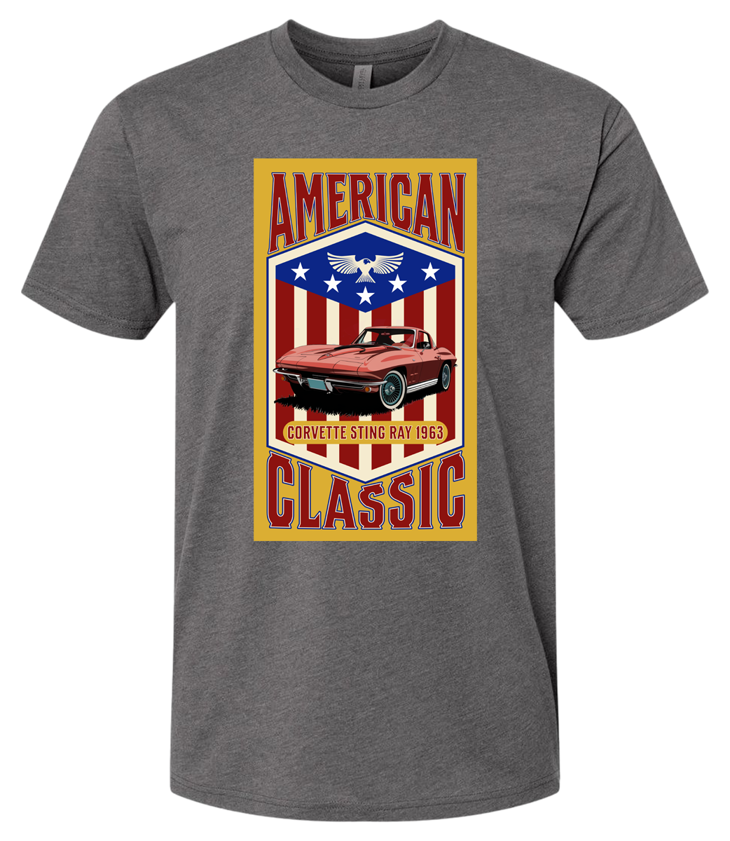 A heavy metal t-shirt with a yellow background featuring a graphic of a red corvette car and the text 'American Classic' along with a patriotic-themed emblem.