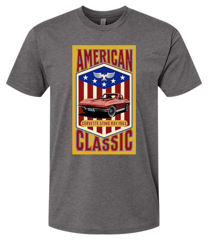 A heavy metal t-shirt with a yellow background featuring a graphic of a red corvette car and the text 'American Classic' along with a patriotic-themed emblem.