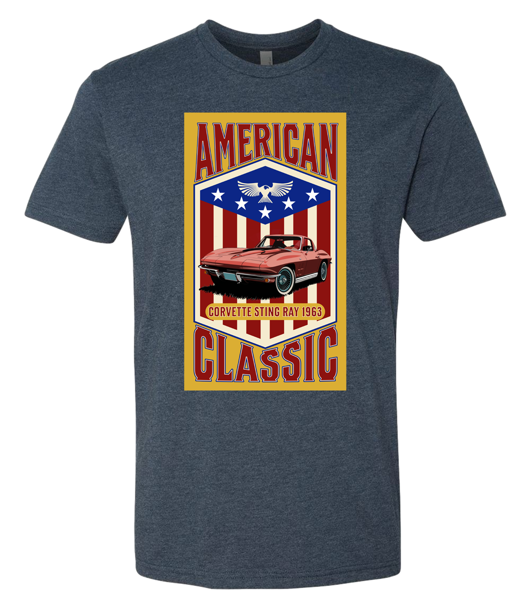 A midnight navy t-shirt with a yellow background featuring a graphic of a red corvette car and the text 'American Classic' along with a patriotic-themed emblem.