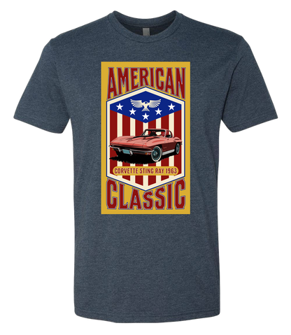 A midnight navy t-shirt with a yellow background featuring a graphic of a red corvette car and the text 'American Classic' along with a patriotic-themed emblem.