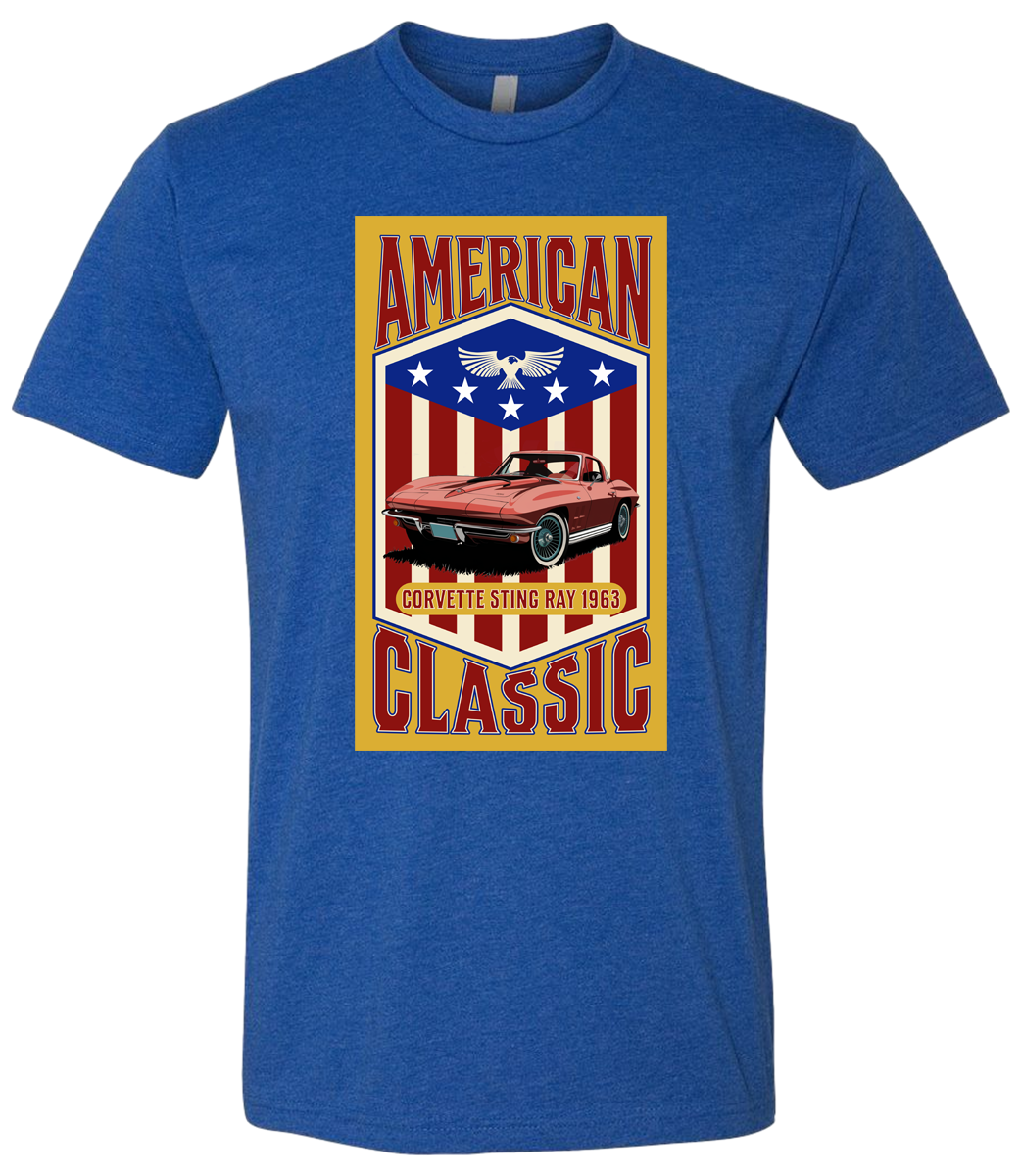 A royal t-shirt with a yellow background featuring a graphic of a red corvette car and the text 'American Classic' along with a patriotic-themed emblem.